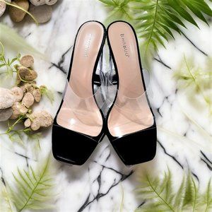 CLEAR SQUARE TOE THICK DOUBLE STRAP CHUNKY CLEAR BLOCK HIGH HEELED SANDALS